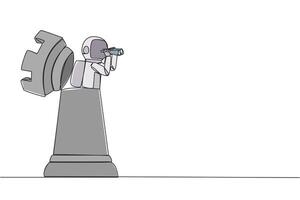 Single continuous line drawing astronaut emerges from a chess piece rook looking for something through binoculars. Gather plans so that perfect during expedition. One line design illustration vector