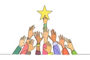 Continuous one line drawing hands fighting over shape of a star. Metaphor of fighting persistently to achieve a dream. Dreams of business success come true. Single line draw design illustration vector
