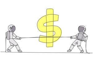 Continuous one line drawing two astronauts fighting over dollar symbol. Tightening expedition funds. Cosmic galaxy space concept. Expedition into space. Single line draw design illustration vector
