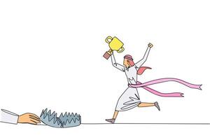 Single one line drawing Arab businessman running with trophy. Dangerous business trap. Trap that really brings down business. Fake friend. Traitor. Rival. Continuous line design graphic illustration vector