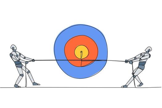 Single continuous line drawing two robots fighting over an arrow target board. Fierce competition towards the best goal of becoming the best robot. Future tech. One line design illustration vector