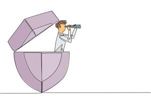 Single continuous line drawing businessman emerges from shield looks for something through binoculars. Find and develop best protection for business application. One line design illustration vector