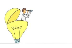 Continuous one line drawing businessman emerges from lightbulb look for something through binoculars. Selection of bright ideas to develop new businesses. Single line draw design illustration vector