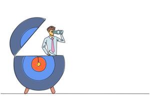 Single continuous line drawing businessman appears out of target arrow board looking for something through binoculars. Focus on objectives. Complete it one by one. One line design illustration vector