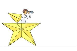 Single continuous line drawing businessman emerging out of star shape look for something through binoculars. Dream business success together. Perfect achievement. One line design illustration vector