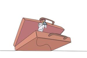 Single continuous line drawing Arabian businessman pops out of briefcase looking for something through binoculars. Preparing to travel to introduce new business. One line design illustration vector