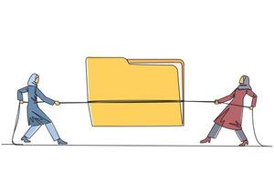 Single continuous line drawing two Arabian businesswomen fighting over document folder. The most important client detail data is up for grabs. Lots of benefits. One line design illustration vector
