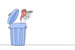 Single one line drawing Arabian businessman pops out of a trash bin looking for something with binoculars. Trying out waste materials for business profit. Continuous line design graphic illustration vector