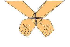 Single continuous line drawing seen from behind, the entrepreneur's hands are tied. Greedy entrepreneur. Committing bribery to control strategic assets. Arrested. One line design illustration vector