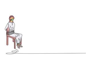 Single continuous line drawing Arabian businessman sitting and helpless. Kidnapping of the most successful entrepreneur. Asking for ransom and some assets. Hostage. One line design illustration vector