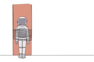 Single continuous line drawing astronaut stands, tied to big column. A fatal mistake has been made. Divulging the secrets of an expedition mission to outer space. One line design illustration vector