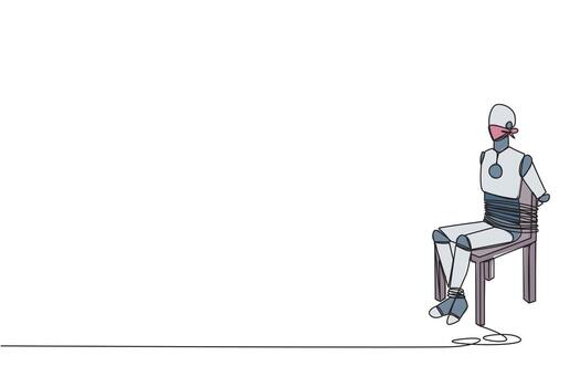 Continuous one line drawing the robot sits and helpless. Used as material for advanced artificial intelligence trial. Future robotic technology development. Single line draw design illustration vector