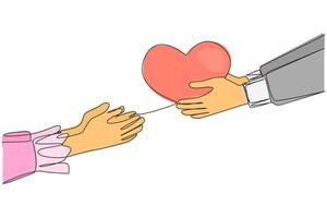 Single one line drawing a hand gives a heart shape to its partner. Fall in love. Ready to give heart and soul. Invitation to get married. Romantic couple. Continuous line design graphic illustration vector