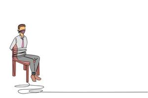 Single one line drawing businessman sat down, body and legs tied to chair. Piling up debts. Frozen accounts and assets. Losses when doing business. Hostage. Continuous line design graphic illustration vector
