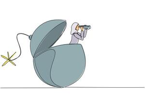 Continuous one line drawing Arabian businesswoman emerges from a bomb with burning fuse looking for something with binoculars. Receive danger signal. Avoid. Single line draw design illustration vector