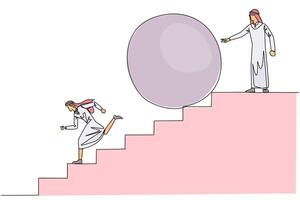 Continuous one line drawing Arabian businessman running down stairs avoiding big ball. Attacked by business friend. Traitor in business. Cheating. Betray. Single line draw design illustration vector