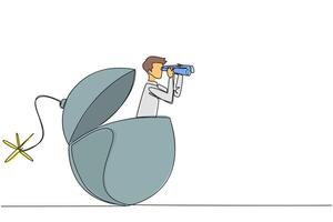 Continuous one line drawing businessman emerged from the bomb fuse burning, look for something through his binoculars. Receive dangerous alerts. Big risk. Single line draw design illustration vector