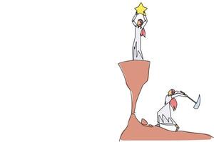Single continuous line drawing Arab businessman standing on a cliff lifting a star. Envious friend, eating away at success from inside to fall down. The traitor. One line design illustration vector