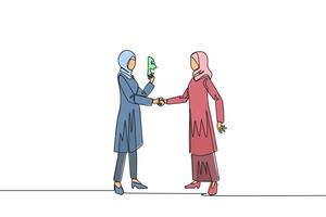 Continuous one line drawing two Arabian businesswomen shaking hands. One of them has two faces. Full of falsehood. Fake friend. Worst teamwork. Betrayal. Single line draw design illustration vector