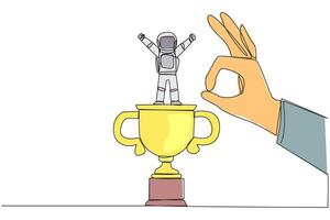 Single continuous line drawing the young astronaut standing on big trophy. Celebrating the success of business. Got fraudulent business opponents. Falling helpless. One line design illustration vector