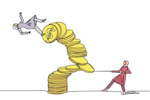Continuous one line drawing Arabian businesswoman pull one of piles of coins who made person on top fall. Fraud. Misappropriation of office money. Traitor. Single line draw design illustration vector