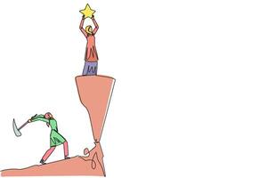 Single one line drawing Arab businesswoman standing on a cliff lifting a star. Envious friend, eating away at success from inside to fall down. The traitor. Continuous line design graphic illustration vector