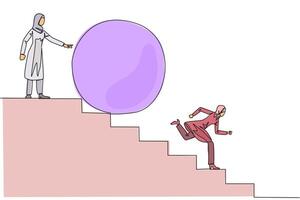 Single continuous line drawing Arabian businesswoman running down stairs avoiding the big ball. Attacked by business friend. Traitor in business. Cheating. Betray. One line design illustration vector