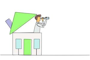 Single one line drawing businessman appears out of miniature house look for something through binoculars. Search ends. Most beautiful place in retirement. Continuous line design graphic illustration vector