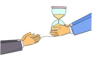 Single one line drawing a hand gives hourglass to colleague. The countdown begins. Agreement reached. Work must not exceed the deadline. Time management. Continuous line design graphic illustration vector