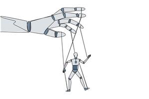 Single one line drawing the robot walks by being moved by ropes controlled by a giant hand above. Doesn't have firm attitude. Technology error. AI concept. Continuous line design graphic illustration vector