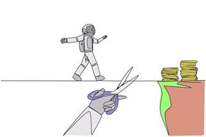 Continuous one line drawing the astronaut walking on tightrope from one cliff to another. Failed to move to much better place. Cheated by business friend. Single line draw design illustration vector
