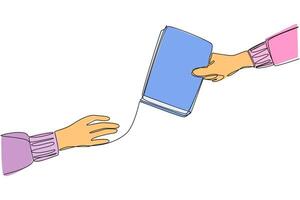 Single continuous line drawing a hand gives a book to its partner. Lend a book. Increase knowledge. Making the world getting closer. A hobby of reading. Good habit. One line design illustration vector