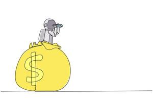 Single continuous line drawing young astronaut emerges from money bag looking for something through binoculars. Collecting funds again for the next expedition. One line design illustration vector
