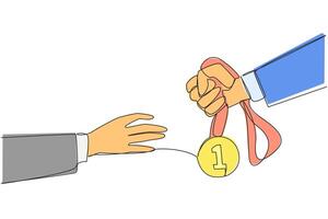 Single continuous line drawing a hand gives medal number one. Awarded to the winner. Get rewards for hard work in the business world. Get compliments. Success. One line design illustration vector