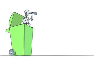 Continuous one line drawing a smart robot emerges from a wheeled bin looking for something through binoculars. Trying to restore deleted and wasted data. Single line draw design illustration vector