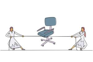 Continuous one line drawing two Arabian businessmen fighting over an office chair. The struggle for the most comfortable position in the office. Work hard. Single line draw design illustration vector