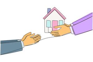 Single one line drawing hand gives miniature house. Make home as a business collateral. Step that is difficult to accept with common sense. Responsible. Continuous line design graphic illustration vector