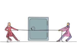 Continuous one line drawing two Arabian businesswomen fighting over a safe deposit box. Fierce battle to obtain business expansion data stored in safes. Single line draw design illustration vector