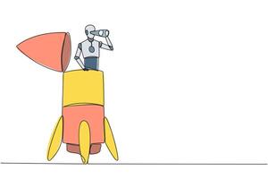 Continuous one line drawing a smart robot appears from the end of the rocket looking for something through binoculars. Scan. Analyze damage. Vigilance. Single line draw design illustration vector