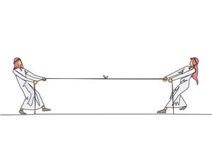 Single continuous line drawing two Arabian businessmen pulling each other's rope. Play light games to create togetherness. More and more unified for achievement. One line design illustration vector