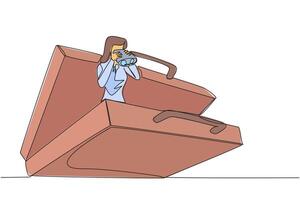 Single one line drawing businesswoman comes out of briefcase looks for something through binoculars. Prepare for business expansion by doing business trips. Continuous line design graphic illustration vector
