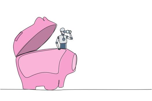 Continuous one line drawing a smart robot emerges from a piggy bank looking for something through binoculars. Scan. Analyze daily needs in order to save. Single line draw design illustration vector