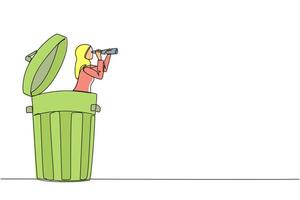 Single one line drawing Arab businesswoman emerges from trash bin look for something with binoculars. Protect environment from unfavorable business effects. Continuous line design graphic illustration vector