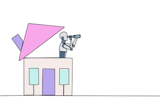 Continuous one line drawing a smart robot emerges from the miniature house looking for something through binoculars. Scan. Analyze needs. Future smart home. Single line draw design illustration vector