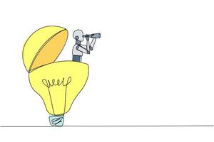 Continuous one line drawing a robot emerges from lightbulb looking for something with binoculars. Scan. Analyzing opinions. Business brilliance is needed. Single line draw design illustration vector