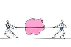 Continuous one line drawing two robots fighting over a piggy bank. Competition is fierce to be able to carry out advanced artificial intelligence. Future. Single line draw design illustration vector