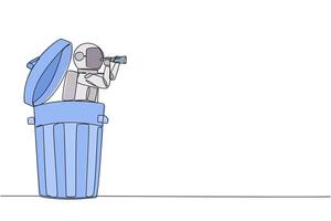 Continuous one line drawing astronaut emerges from a dumpster look for something with binoculars. Ensure material waste from space is not brought to earth. Single line draw design illustration vector