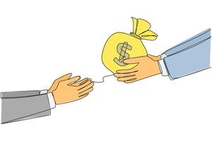 Single one line drawing a hand gives a money bag. The additional capital required has been received. Get ready to turn it into the most profitable business. Continuous line design graphic illustration vector