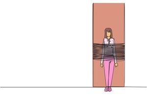 Single continuous line drawing businesswoman standing, tied to a large column. Helpless. Being in a frustrating situation. Unable to pay debts. Debt guarantee. One line design illustration vector