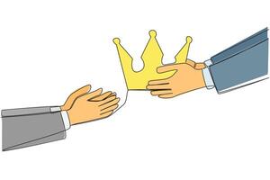 Single continuous line drawing a hand gives the crown. Hard work that pays off. Get the most important throne in the business world. Well-known company. Success. One line design illustration vector